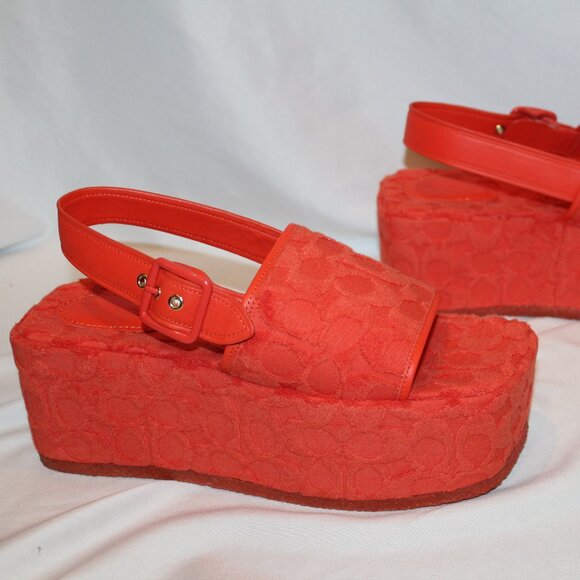 NEQ WOMEN'S Coach Noelle Signature Logo Print Platform Sandals RED ORANGE - Picture 4 of 8